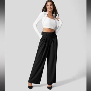 High Waisted Plicated Side Pocket Wide Leg Waffle Work Pants